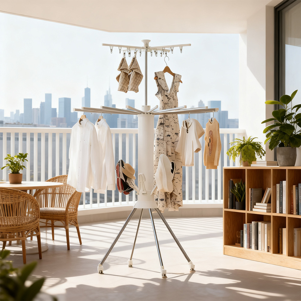 Foldable Octopus Clothes Drying Rack, 4-legged Laundry Airer With 4 Universal Wheels & Anti-slip Holes, 16 Poles 360° Rotatable Garment Shoe Towel Dryer For Indoor Outdoor Use