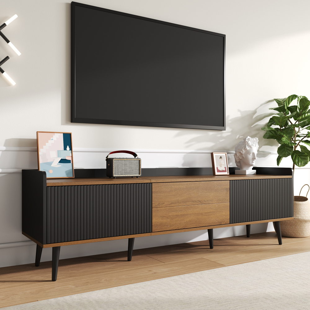 Image of Tv Cabinet, Tv Table, Tv Stand, Three- Cabinet. Compact Construction. Black And Natural . Height 49.5 Cm / Length 160 Cm / Width 39 Cm