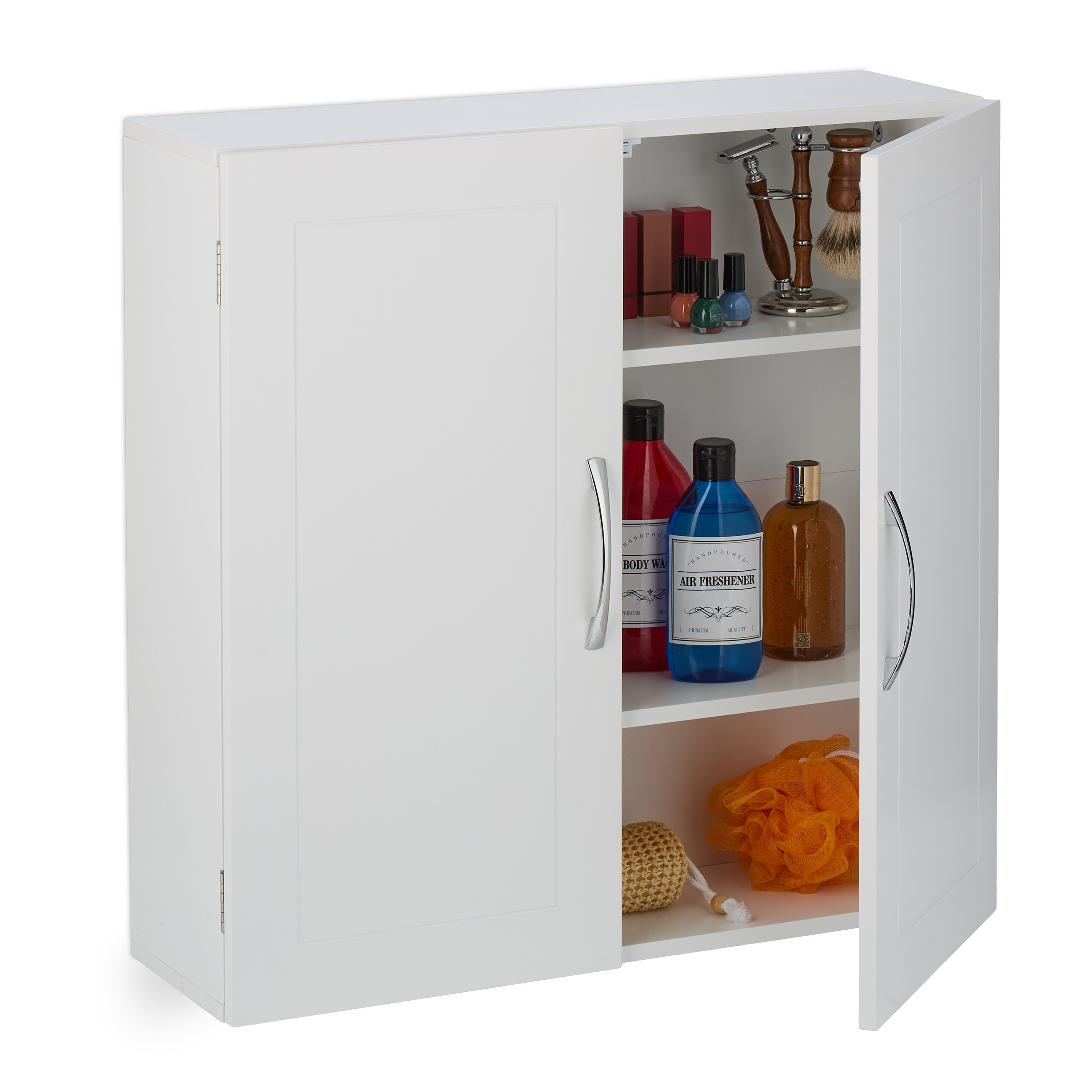 TEMU Armario de baño colgante, 2 puertas, 3 estantes regulables , MDF y hierro, 60 x 60 x 20 cm, blanco y plateado, cierre magnético, para baño y ,