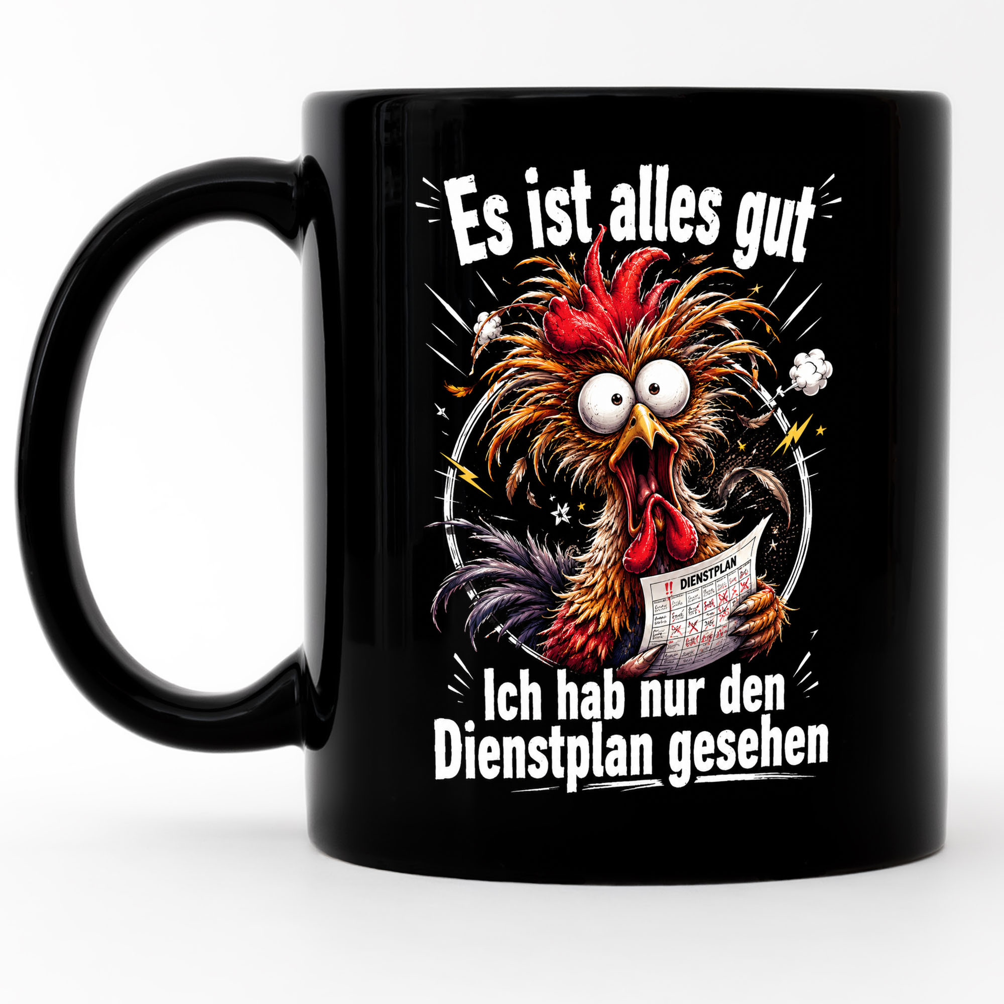 Image of Funny Mug Quotes Service Plan Rooster For Colleagues - Humorous Coffee Mug Stress Job - Gift Birthday Christmas Black