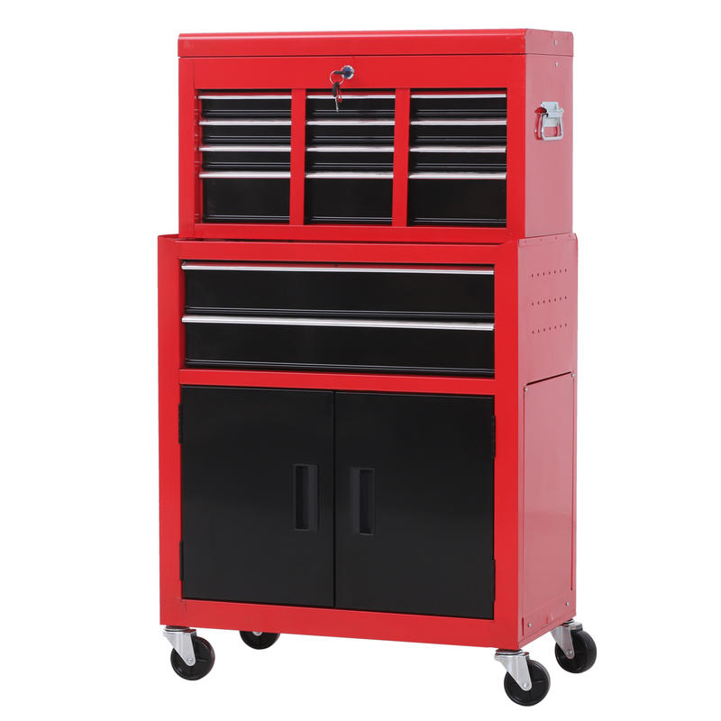 Tool Cabinet with Tool Box, Roll Bar, 6 Drawers, Metal, Red