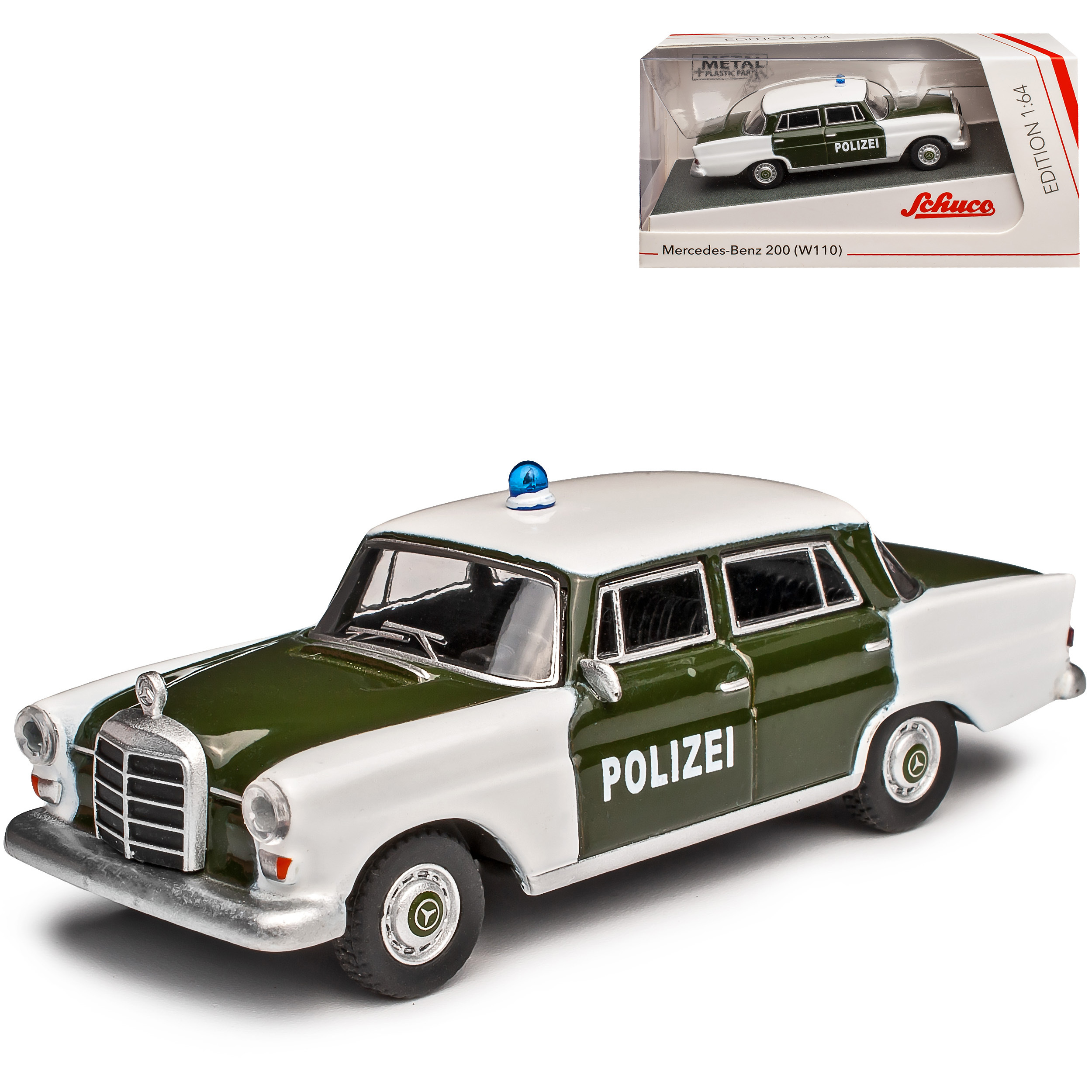 Image of Mercedes-benz 200 W110 Limousine White Green Police Small Fin Tail 1961-1968 1/64 Schuco Model Car