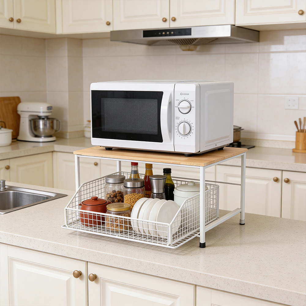 1pc vertical practical shelf with pull out mesh drawer for kitchen microwave desktop coffee utensil organizer   storage base capsule coffee machine display stand home and kitchen storage supplies desktop practical shelves space saving multifunctional countertop with drawer an essential tool rack for baking   standing shelf black white