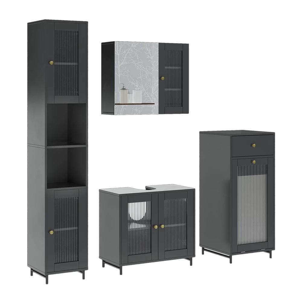 Image of Malte Gray 4-piece Bathroom Furniture Set - Under-sink Cabinet, Bathroom Mirror Cabinet, Bathroom Cabinet, Particle Board Bathroom Furniture