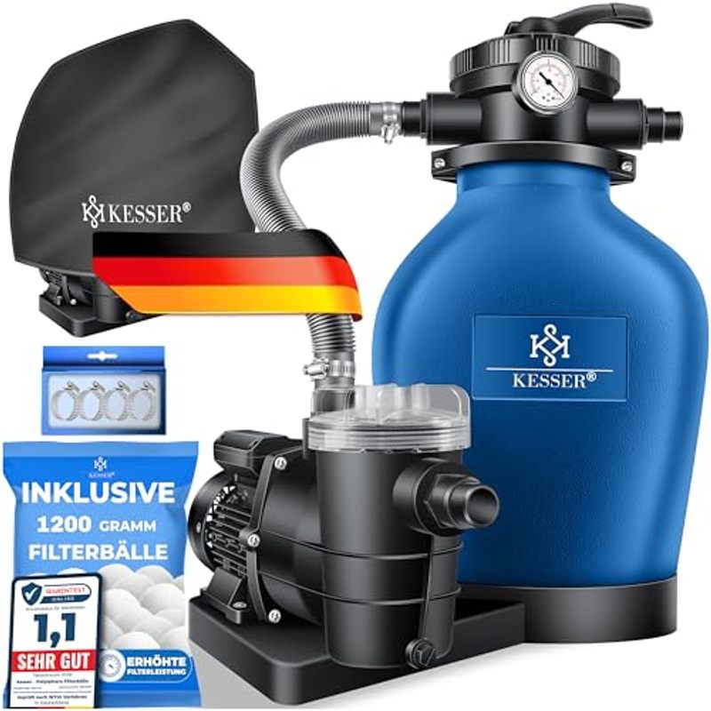 Image of Kesser® Sand Filter System With Pump & Filter Balls | Pool Filter 600w | Sand Filter For Pool 13200l/h Flow Rate | Tank To 30kg Sand | 7-way Valve With Pressure Gauge, Cover & Accessories