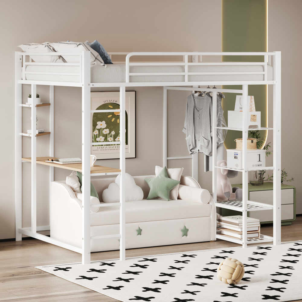 Image of High Bed With Integrated Desk And Wardrobe, Metal Bed Frame 90x200, Space- , Up To 120kg Load Capacity