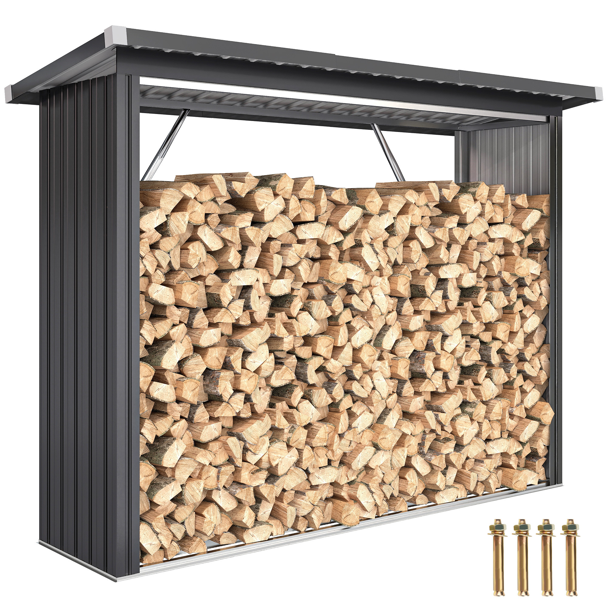 Image of Outsunny Galvanized Store, Outdoor Firewood Storage Shed With Elevated Base And Roof, 213x66.5x150 Cm, Dark Grey