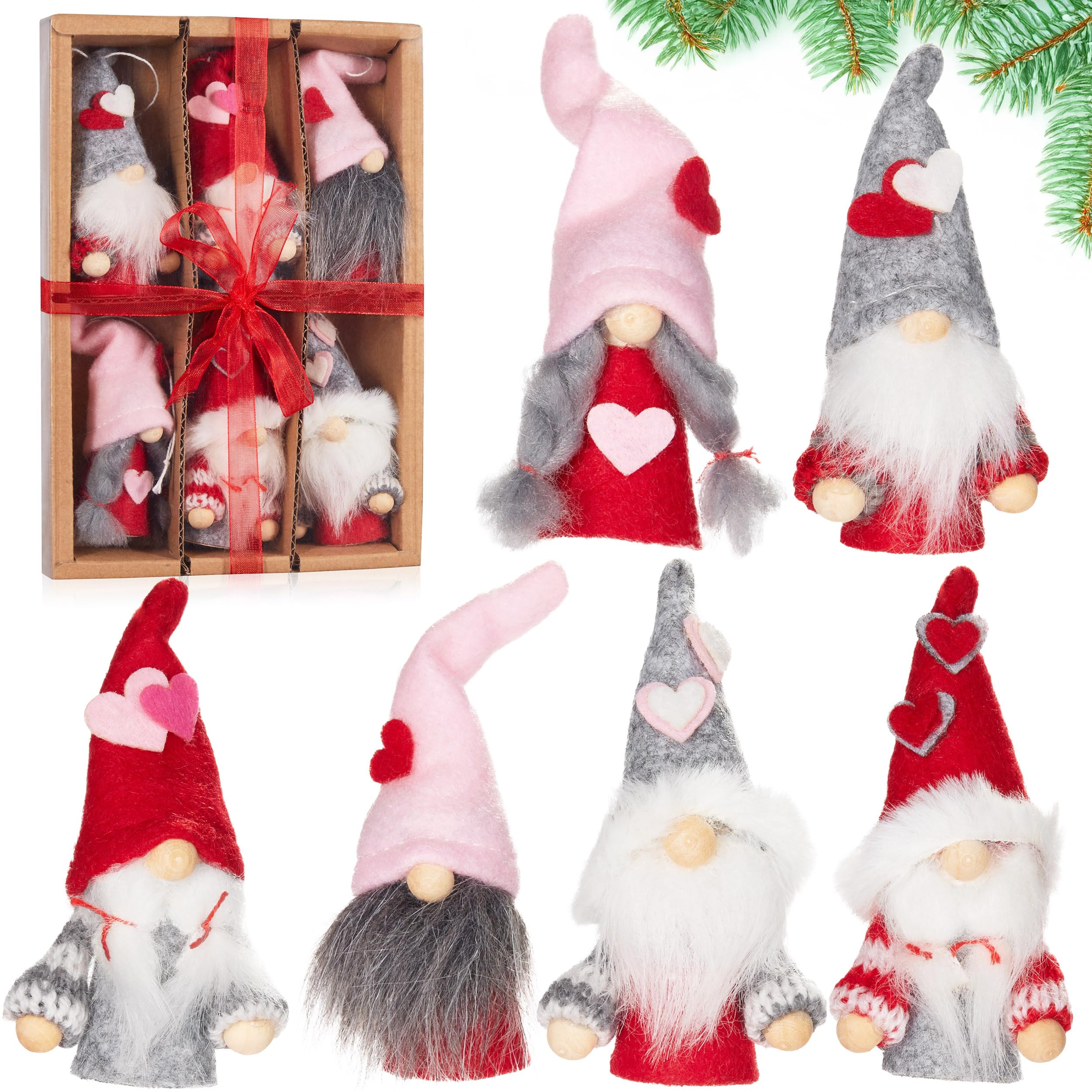 Image of Brubaker 6-piece Set Wooden And Knitted Heart Dwarf Decorative Ornaments - Christmas Tree Ornaments For - Valentine's Day Gift Tags In Pink And Red - Tree Decor Or Heart Decoration In Gift Box