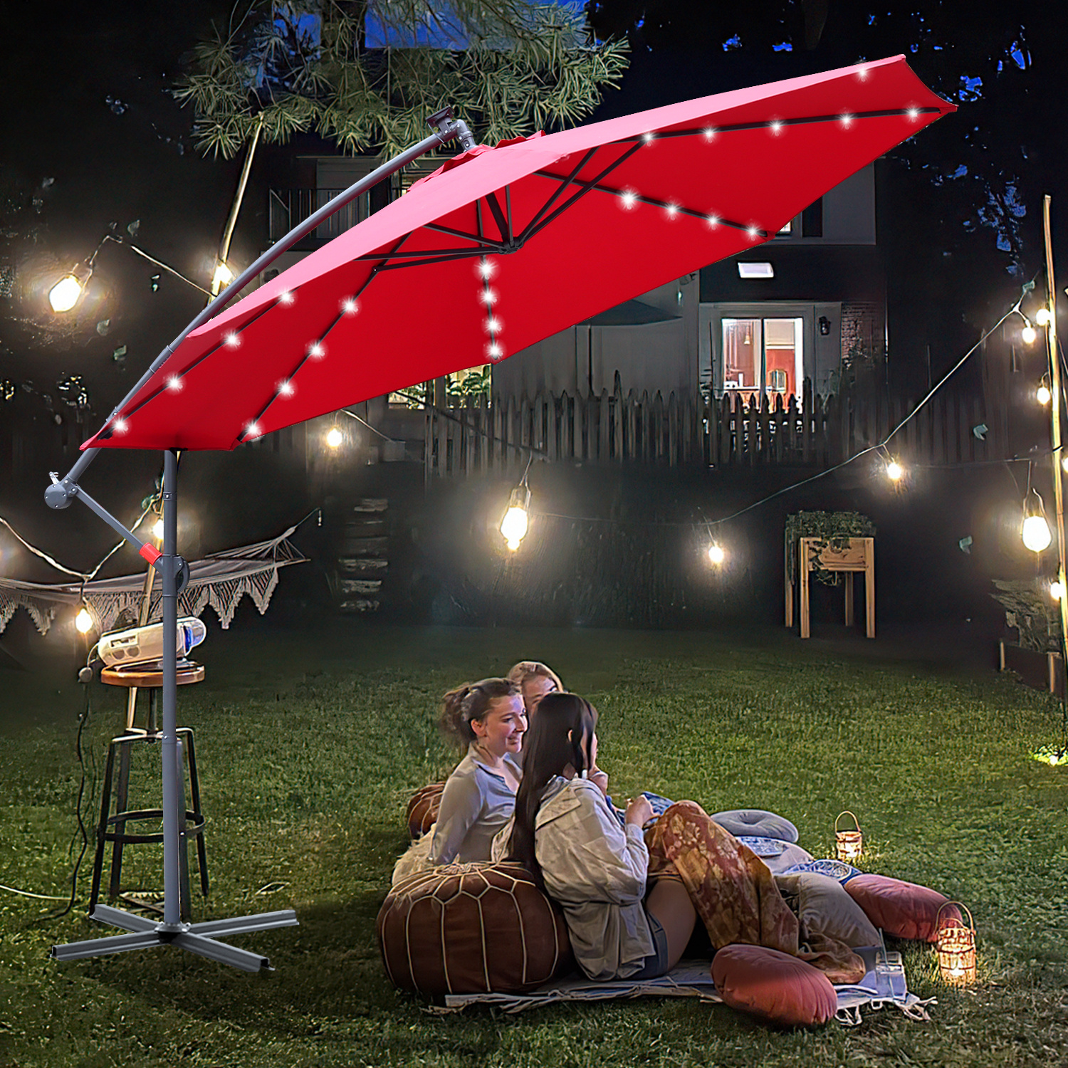 Parasol, parasol cantilever, avec support et lumière, protection solaire, protection UV jusqu'à UV30+, ouverture et fermeture faciles, pour jardin, terrasse, 300 cm