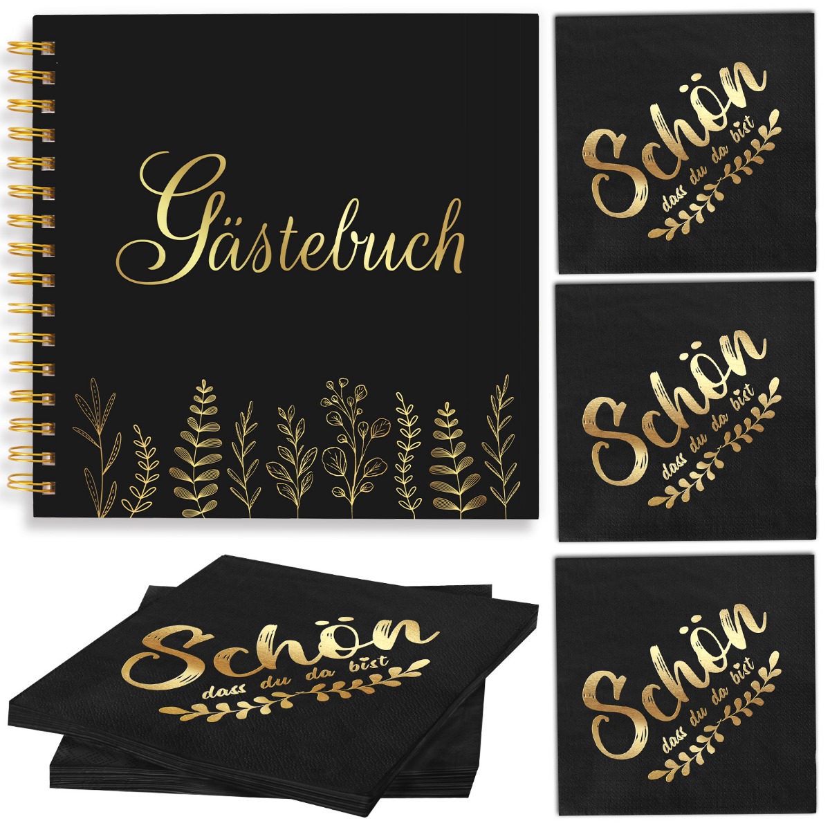E-shop Schwarz-Gold Party-Set – Gästebuch 42,5×21 cm + 40 Servietten 33×33 cm, Blatt-Motiv für Hochzeiten, Geburtstagsfeiern und festliche Dekorationen