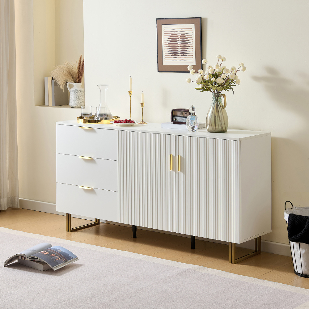 Image of Modern Sideboard With And 3 Drawers – Elegant Mdf Furniture Piece With Gold-colored Aluminum Alloy And Sturdy Steel Legs, Stylish Storage For Your Living Or Dining Room – 160 ×