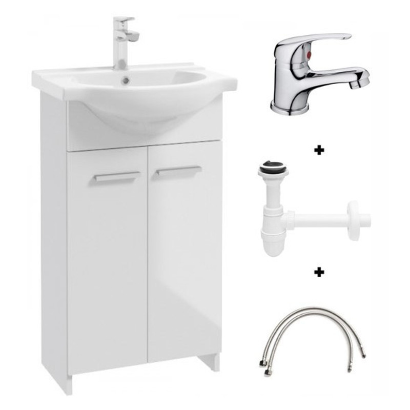 Bathroom Cabinet With Sink 85x50 White Standing With Chrome Compact Battery