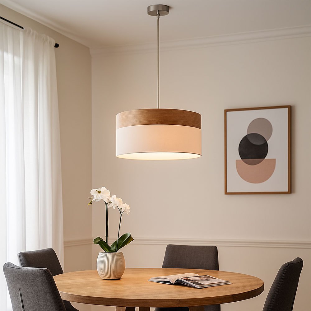 Image of Led Hanging Lamp Pendant Light Living Room Light Dining Table Lamp Kitchen Light Wooden Optics, Textile White, 11w 1055lm Warm White, Dxh 40x120 Cm