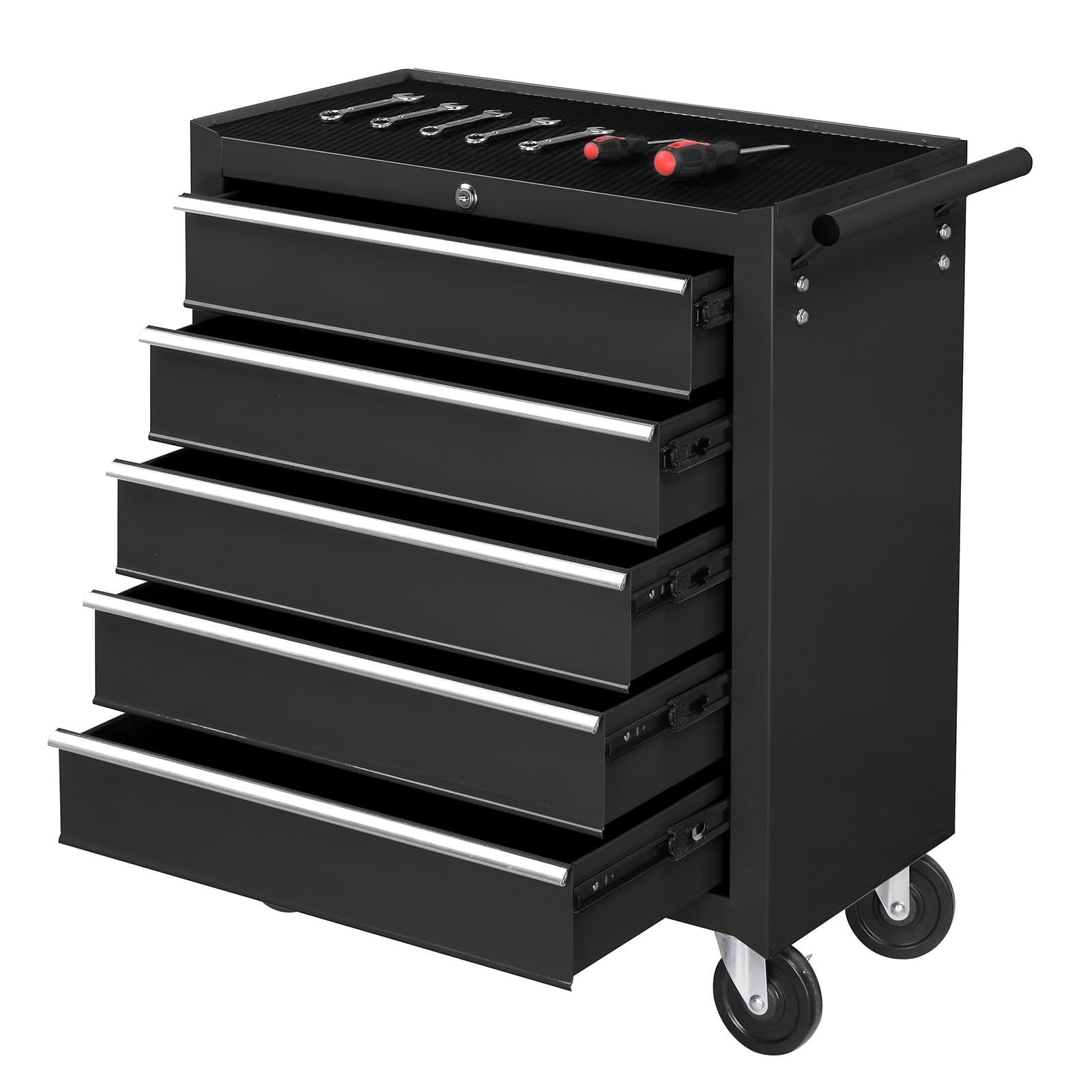 Image of Bonnlo Workshop Trolley 5 Compartments, Lockable Tool Cart With Handle & Wheels, Tool Cart For Workshop, Garage, Storage, Black