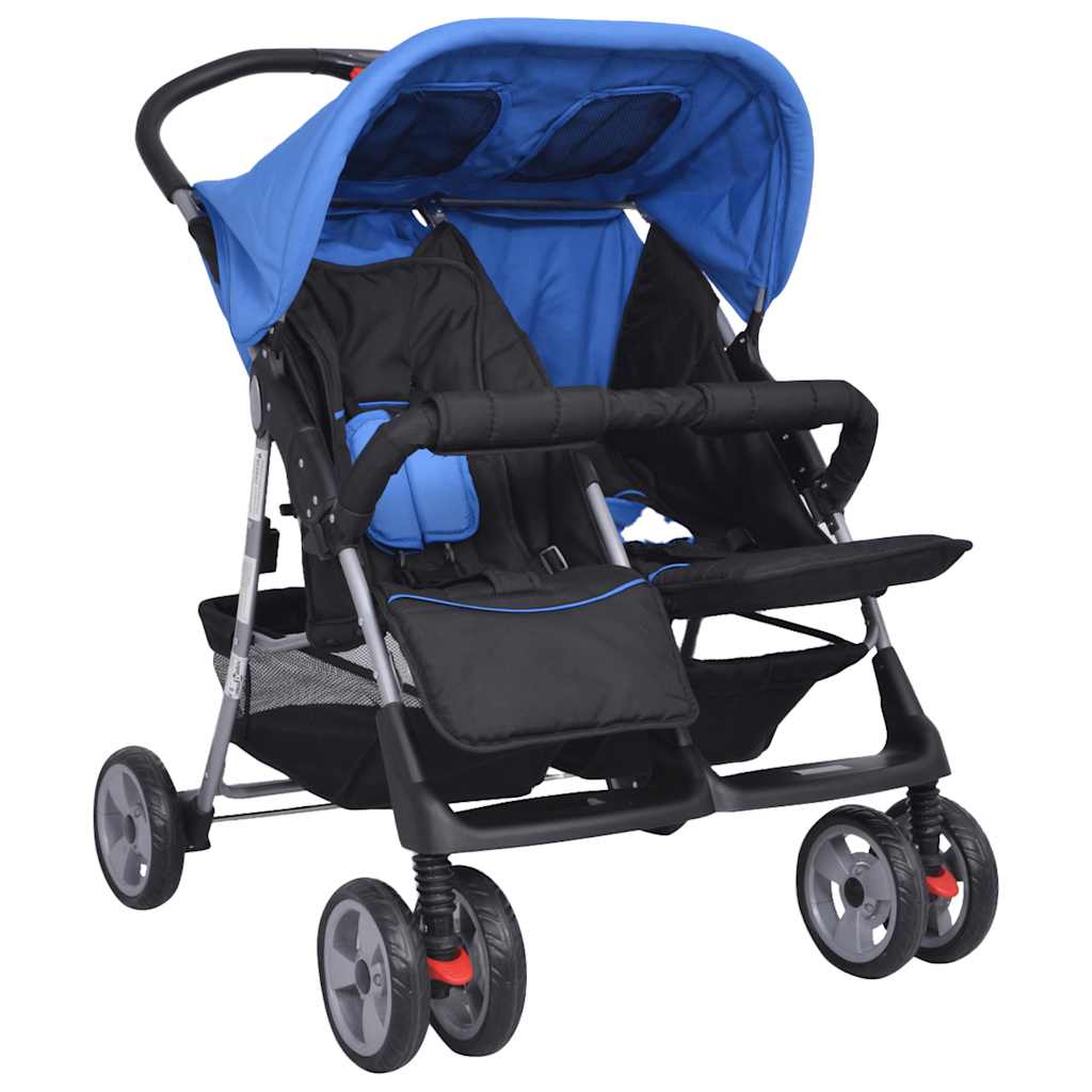 Dubbel Stalen Kinderwagen in Blauw en Zwart - Opvouwbaar