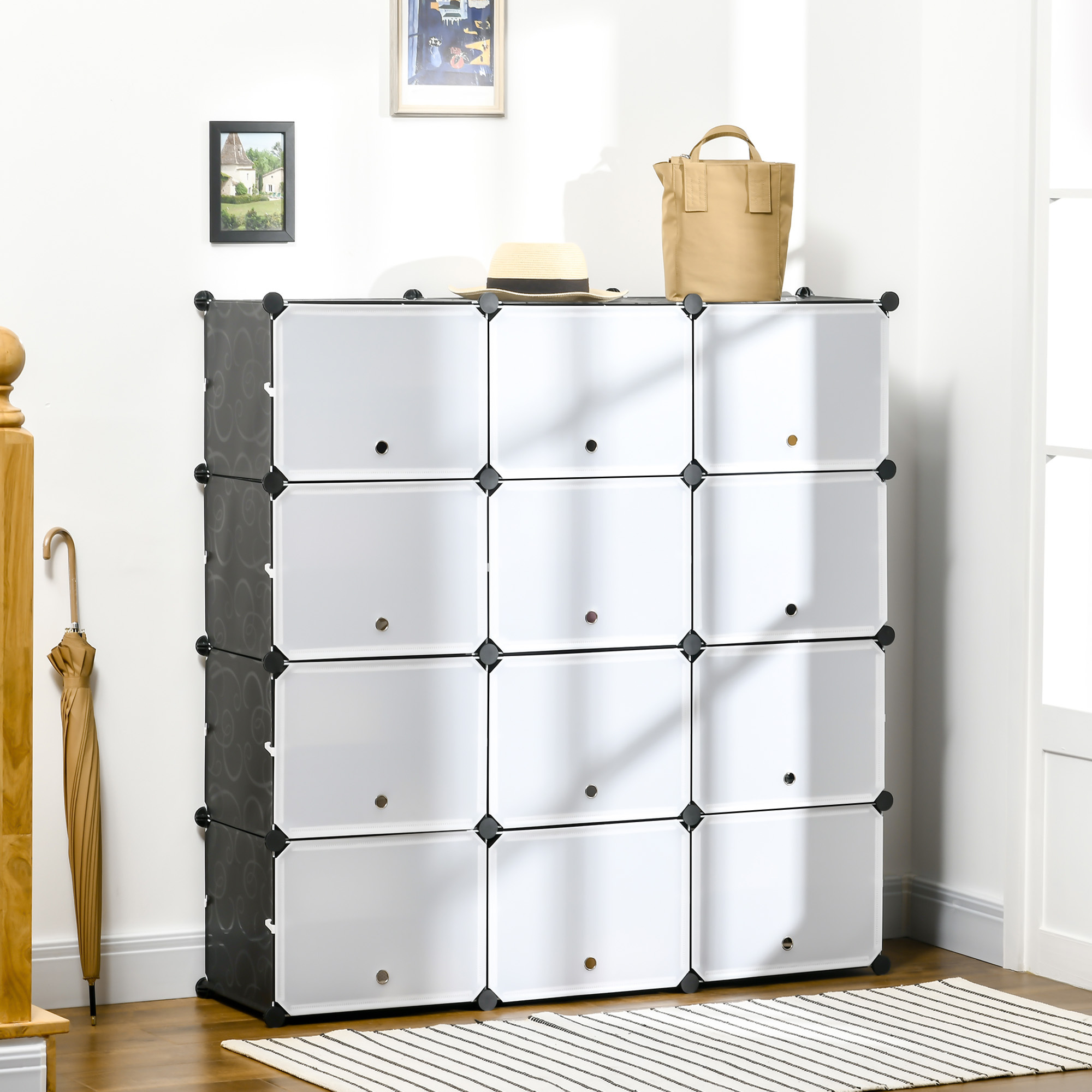 Image of Diy Shelving System With 12 Stackable Cubes Diy Cube Shelving Shoe Rack Storage Rack Floor Rack Closet For Books Toys Shoes Plastic Steel Black + White 125 X 32 X 125 Cm