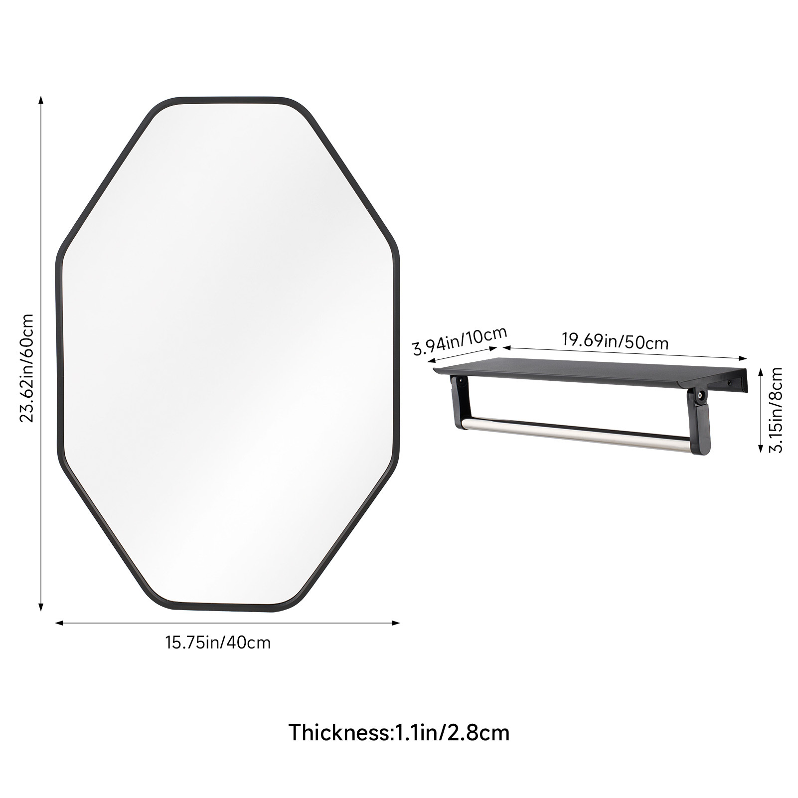 Rustic Farmhouse Metal Octagon Wall Mirror with Shelf, 40x60cm