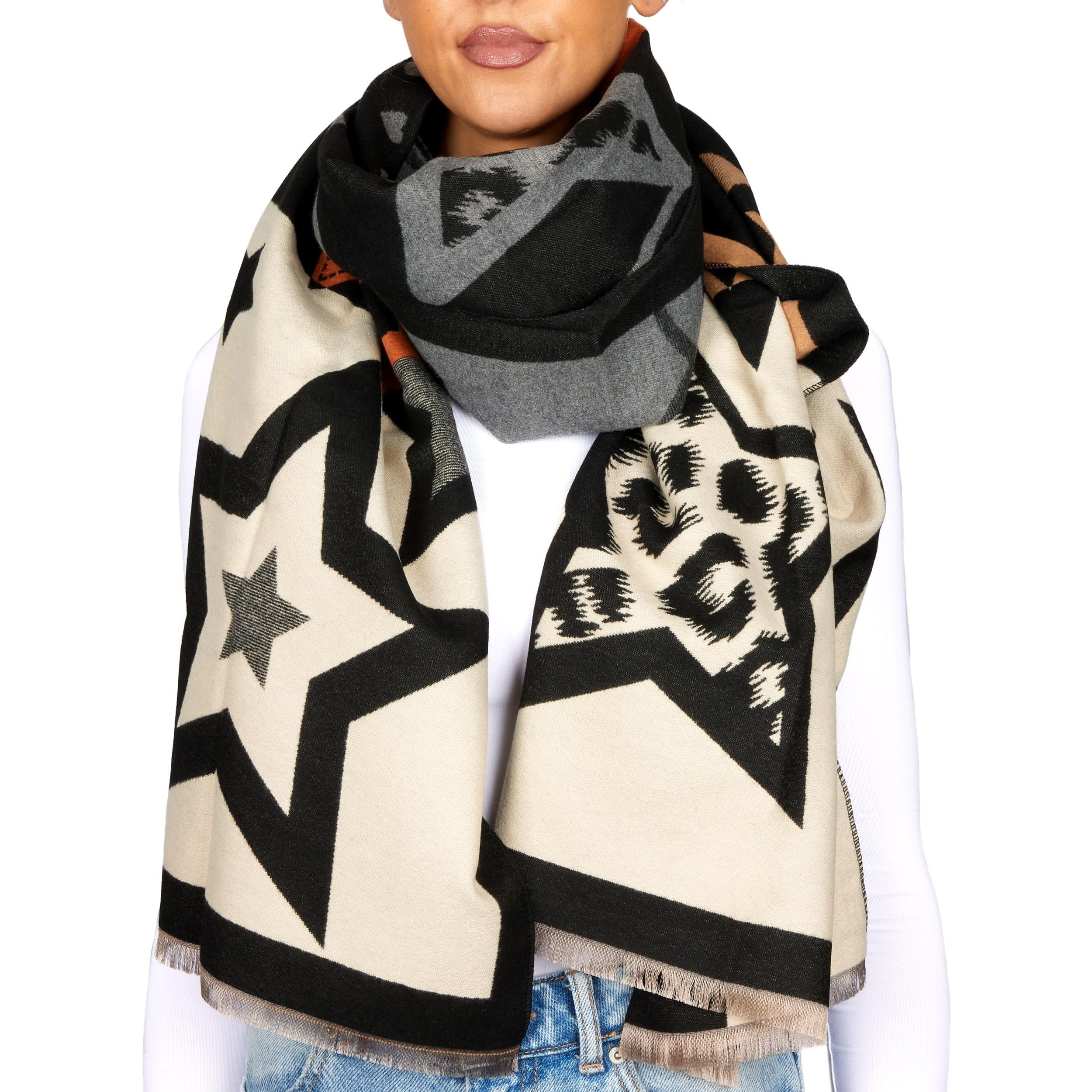 Image of Brubaker Cashmirillo Women's Scarf With Star Pattern - 70 X 200 Cm - Warm, Cozy & Oversized - Women's Scarf For Autumn & Winter - Winter Scarf - Soft Cashmere Feel - Black, Brown & Beige