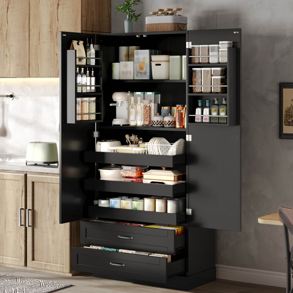 Image of Kitchen Cabinet 182 Cm - High Storage Cabinet With , 1 Drawer & 4 Adjustable Shelves, With Pull-out Shelves And Door Racks, Ideal For Kitchen, Dining Room & Living Room, In .