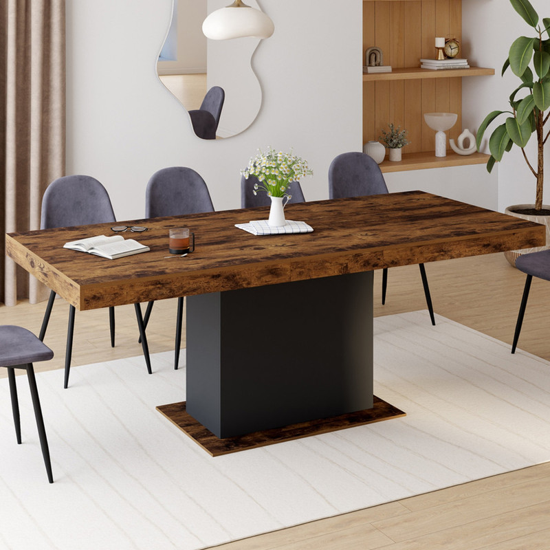 TEMU Table à manger extensible rectangle EDEN 6 personnes bois effet vieilli et noir 160-200 cm