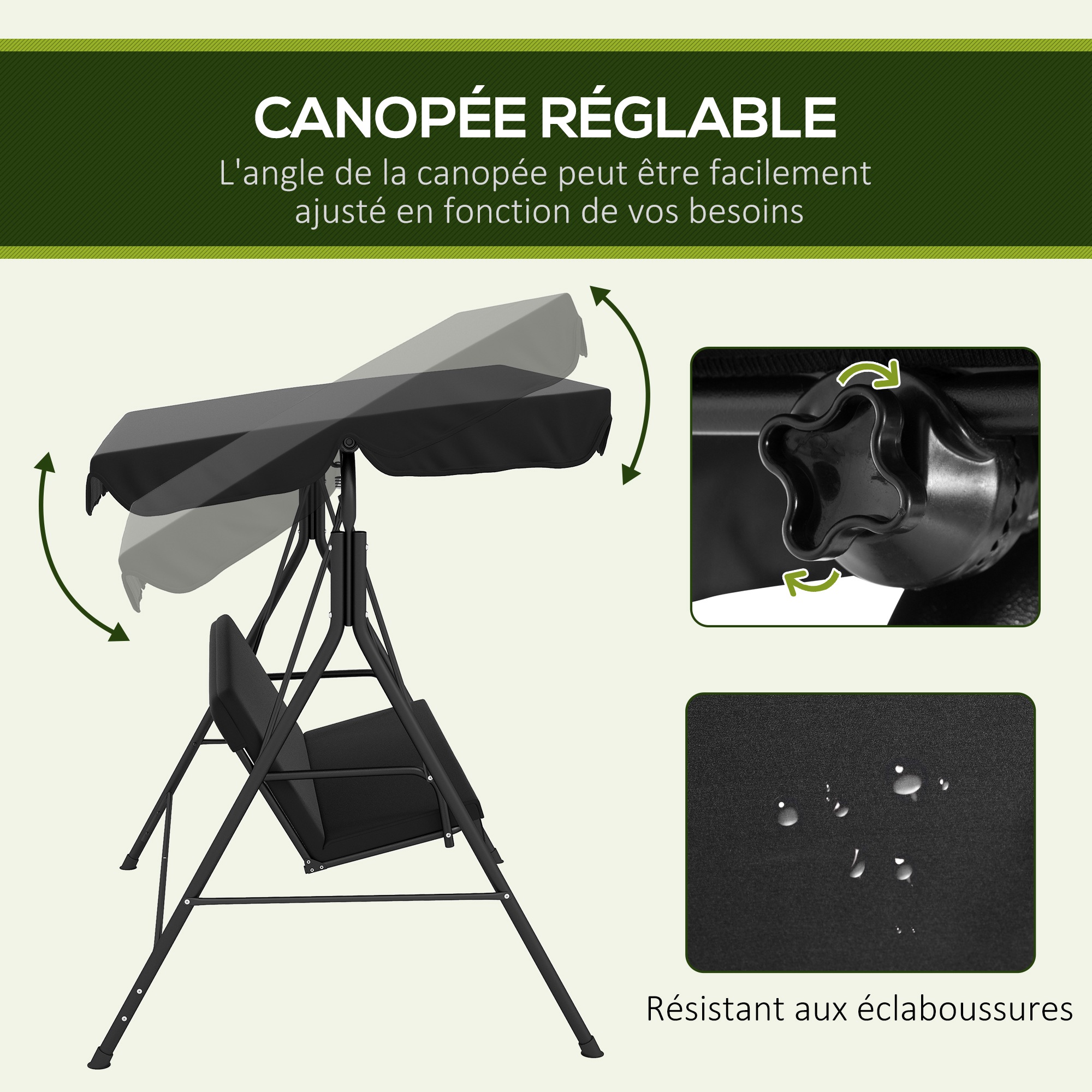 Balancier de jardin Outsunny 3 sièges, siège et dossier réglables, coussins 1,72L x 1,1L x 1,53H m noir acier noir polyester