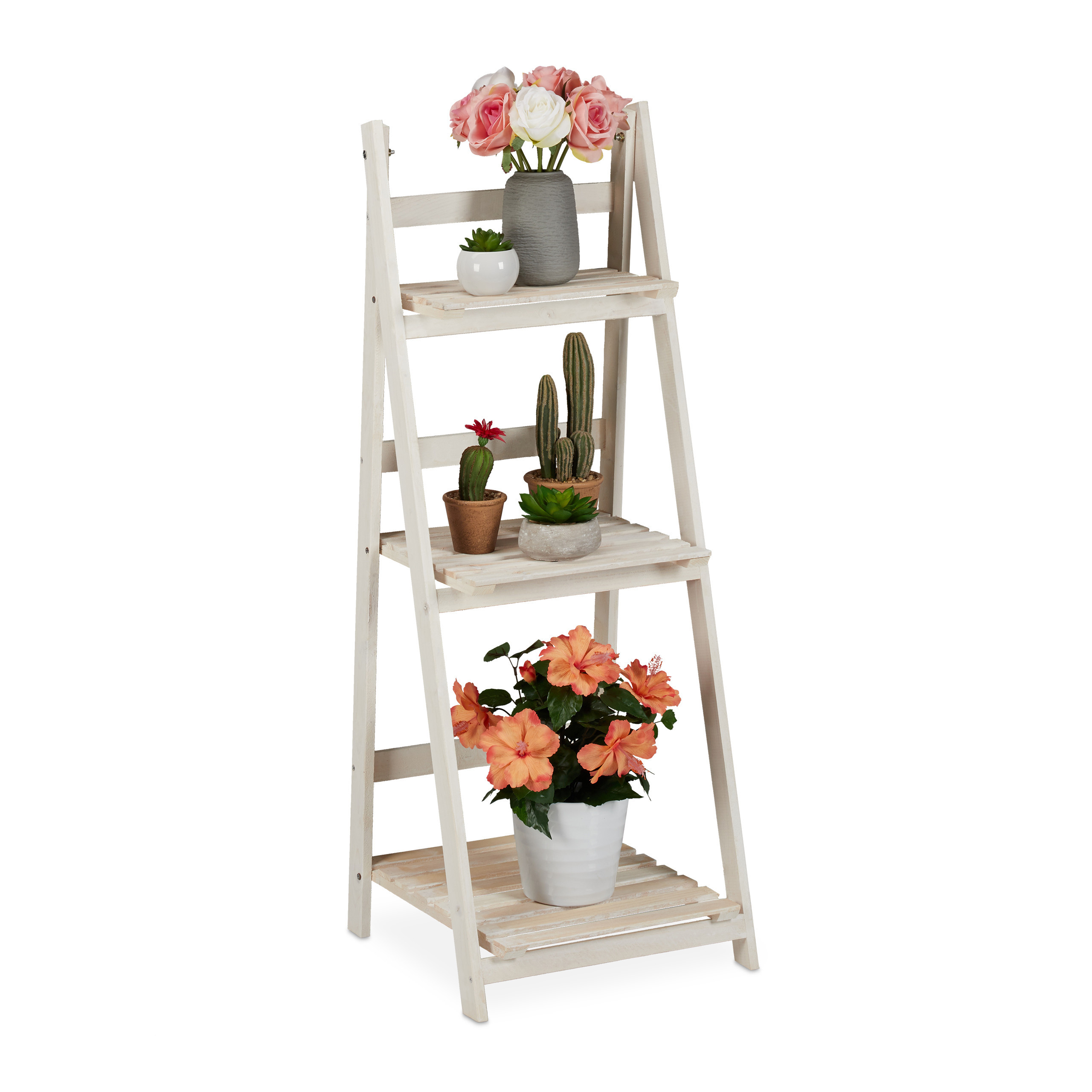 TEMU Estantería para plantas plegable, 3 niveles, 108 x 41 x 40 cm, madera de , blanca, , diseño shabby chic, para salón, y , soporte para flores,