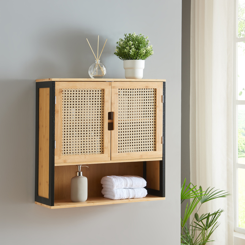 Bathroom Wall Cabinet 'tervola' With 2 Doors, 60 X 60 X 20 Cm, Black/bamboo