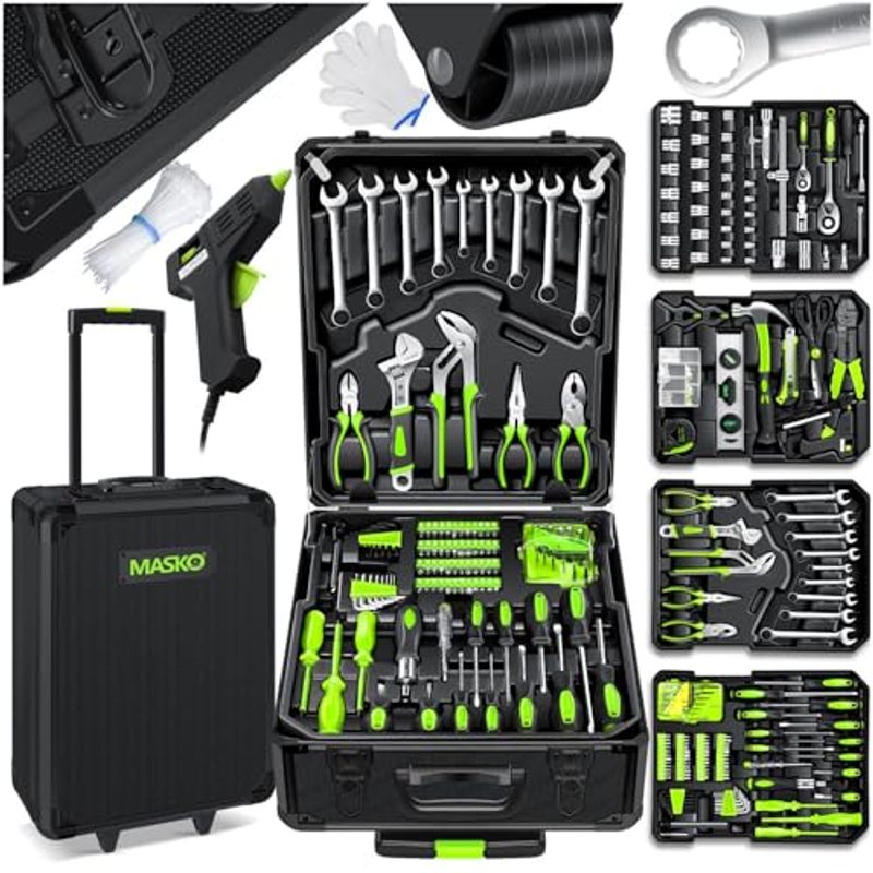 Masko® 1400pcs Tool Case Filled | Tool Set In Aluminum Case | Tool Chest With Wheels | Household, House, Hobby, Car Tool Box | Trolley Function | Hand Tool Cart