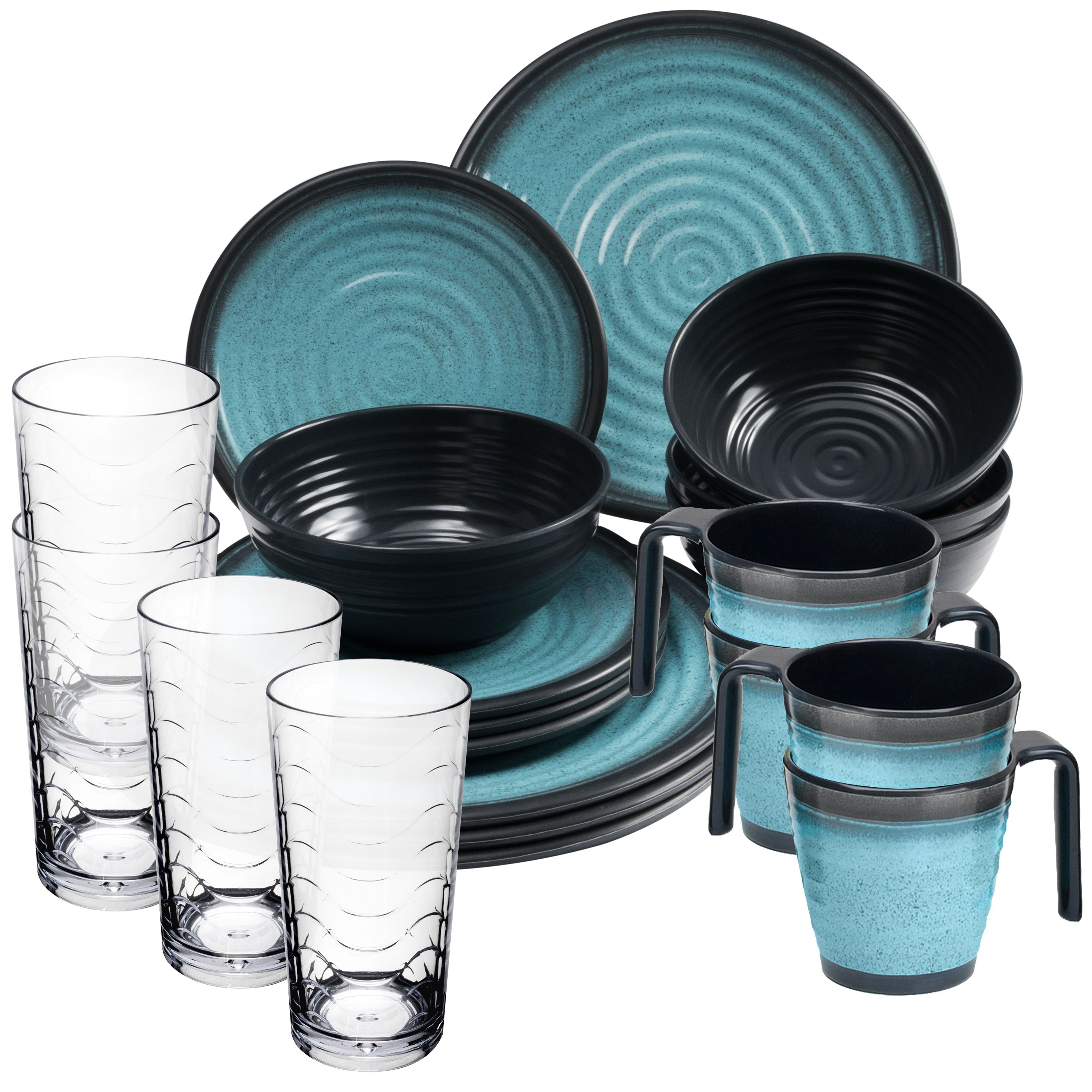 Melamine Dinnerware Set For , Blue Black - 20 Pieces - With Cups And Clear Drinking Glasses 260 Ml, Camping Tableware, Dinnerware, Glasses, Whiskey Glasses, Picnic, Camping, Outdoor