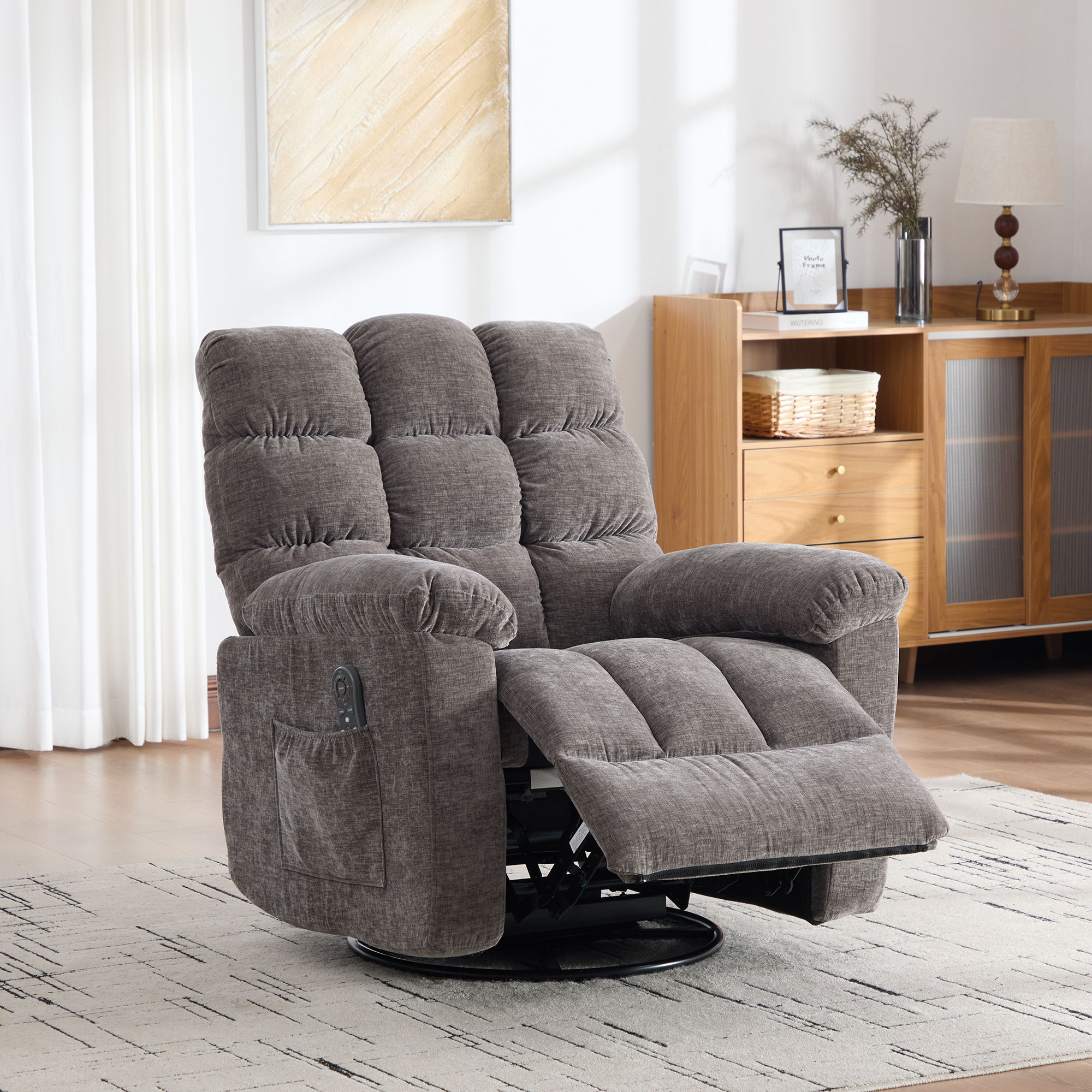 Image of 360-degree Swivel Recliner Chair With Adjustable Backrest And Footrest, And Side Storage Pockets. Light Khaki