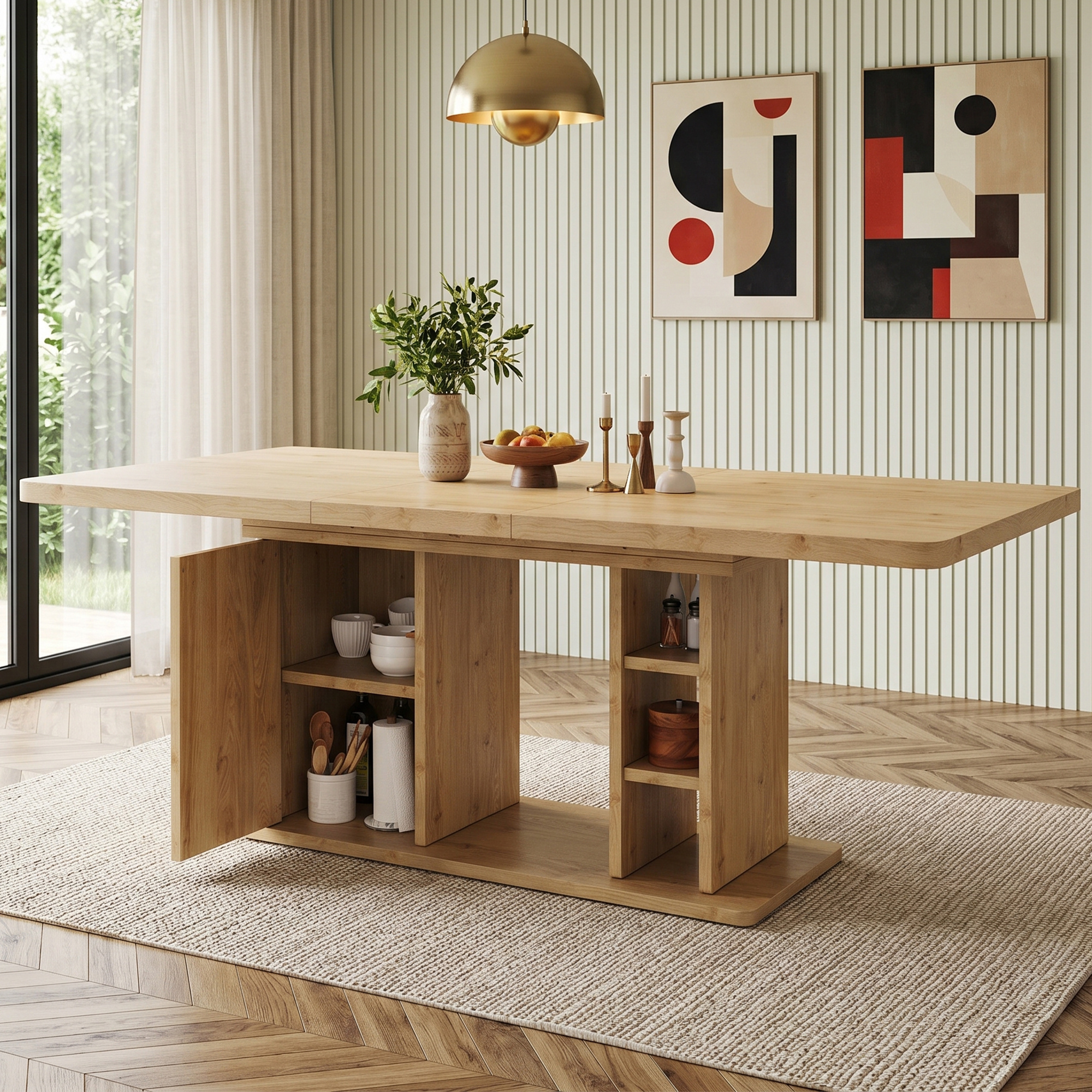 Image of Extendable Dining Table 140/180 X 80 Cm, Suitable For 6–8 People, With Storage Space, Thickened Tabletop, Scandinavian Style, Oak Color