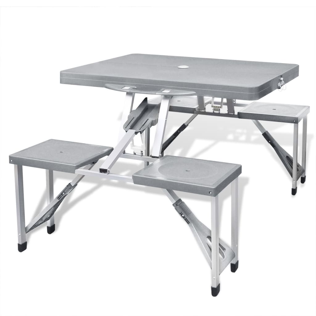   campingtisch gartentisch mit 4 hockern   alu extra leicht grau