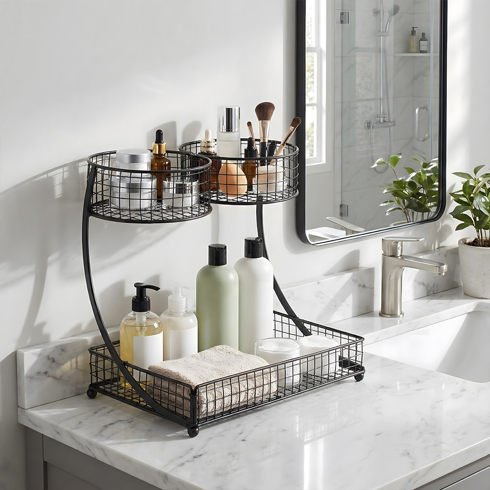 TEMU Compartment Storage Rack In Black, 2-layer 3-section Basket Organizer For Bathroom Vanity Bedroom Living Room Kitchen, Practical Easter Gift