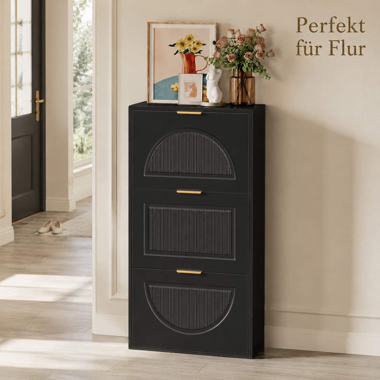 Narrow Shoe Rack With 3 Flaps, 60x24x114cm, Black, Space- Shoe Cabinet For Hallway, Small Apartments