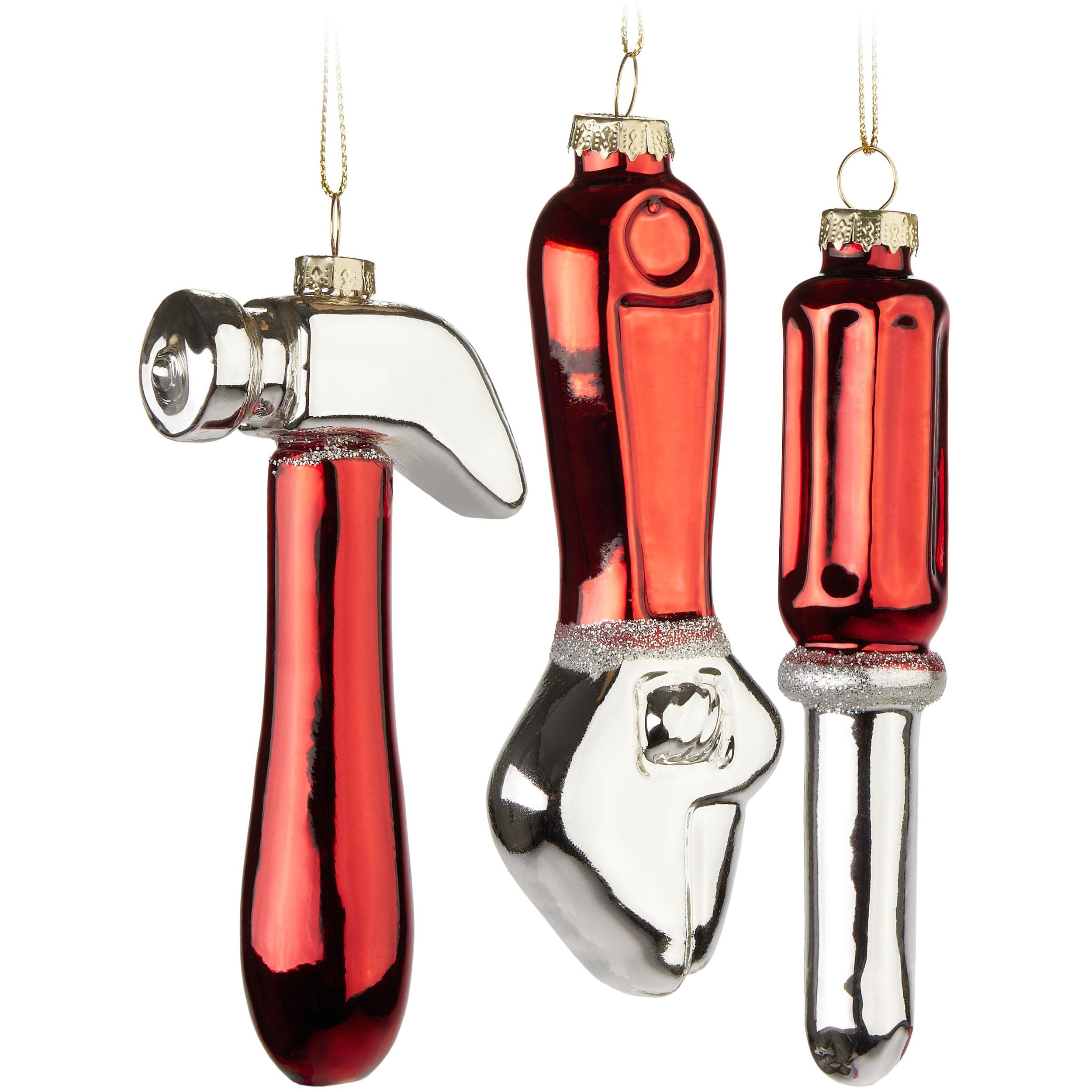 Image of Brubaker Tool Set - 3-piece Set Of Glass Christmas Ornaments - Screwdriver, Hammer, And Wrench - 12 Cm Tool Tree Ornaments For - Mouth-blown And Hand-painted - Red
