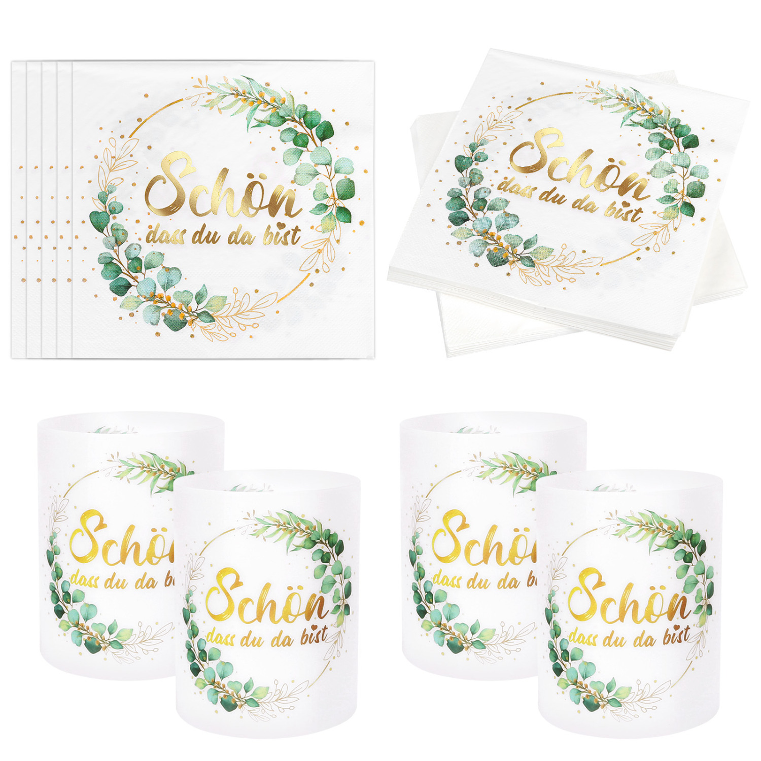 E-shop 52 Stück Party-Tischdekorationsset 40 Stück Servietten + 12 STK Tischdeko Schön DASS du da bist Windlichter Grün Eukalyptus Tisch Deko Hochzeit