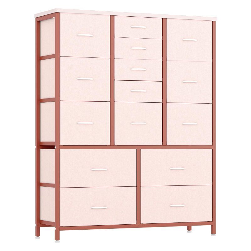 Image of Chest Of Drawers, 15 Drawers Fabric Dresser With Large Storage Space & Metal Frame, Hallway Storage Organizer Unit For Bedroom Living Room Entryway 100 X 30 X 123 Cm - Pink