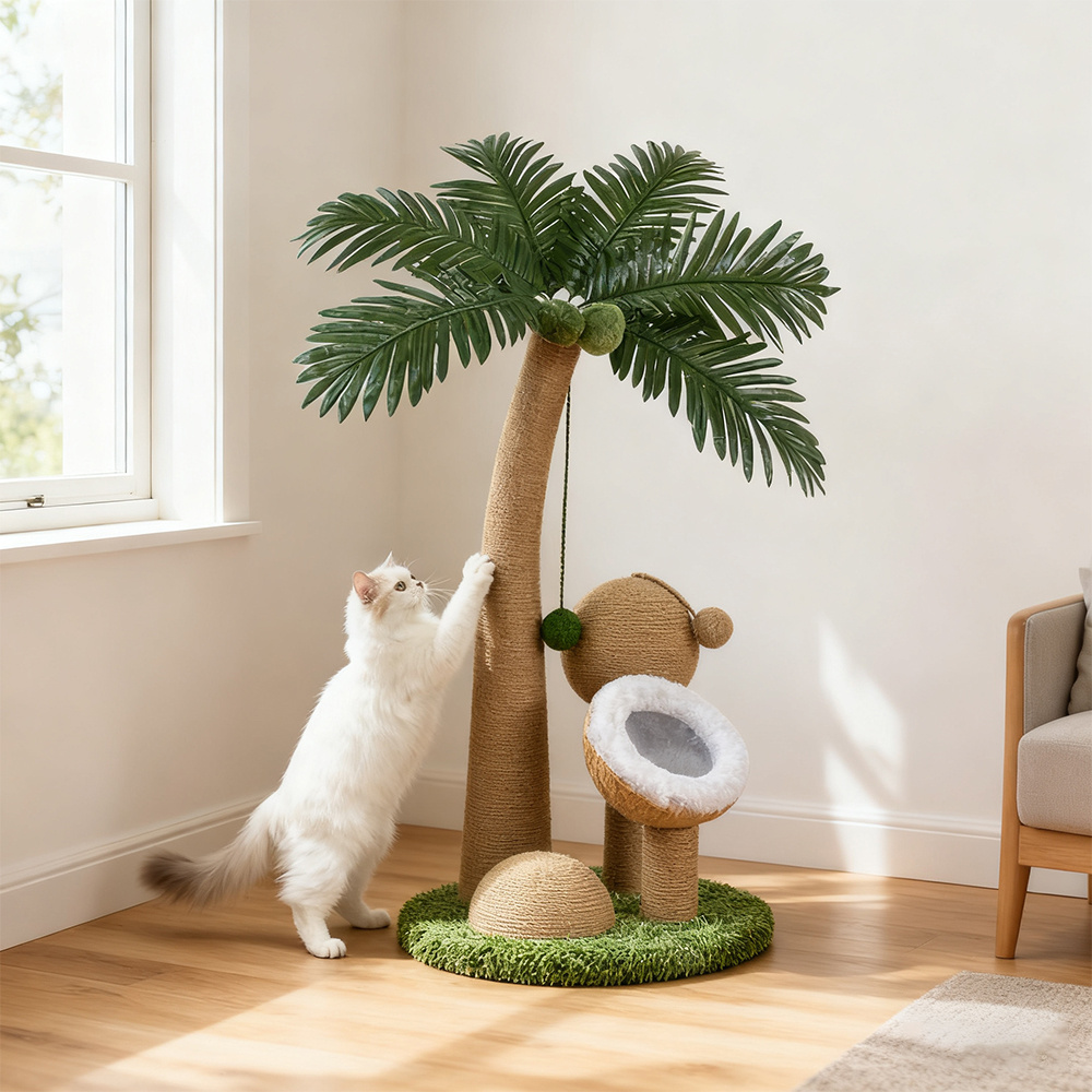 TEMU Cat Scratching Post, Medium Cat Scratcher Tree With Scratching Poles Scratch Post For Large Cats With Teasing Hanging Ball, Natural Sisal Rope