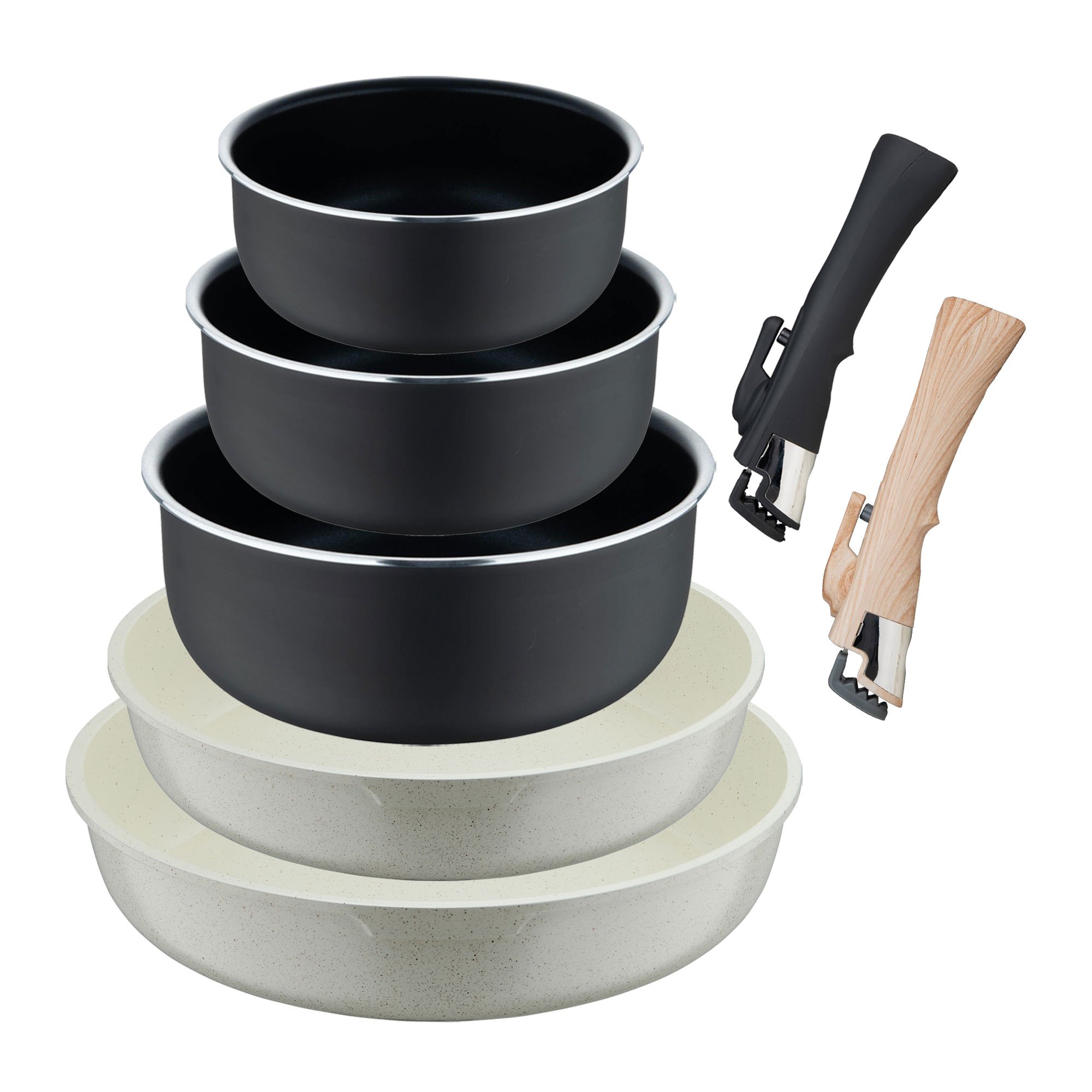 Click&cook Pans Ø22/26cm + Saucepans Ø16/18/20cm Aluminum White + Saucepans Heat Dot Ø16/18/20cm + Detachable Handle