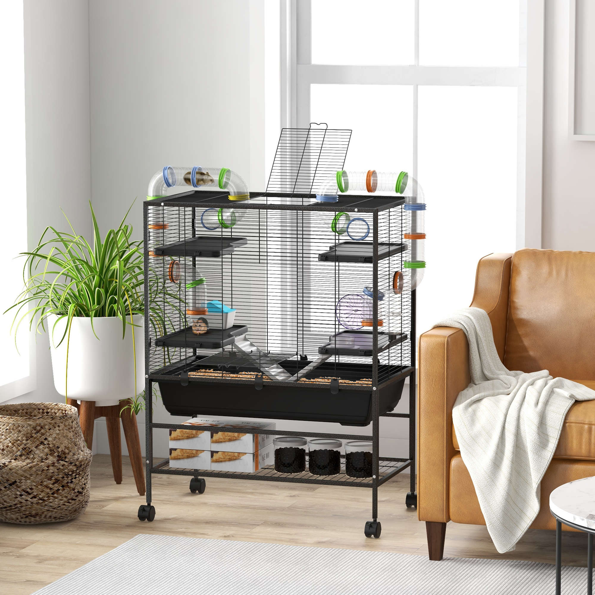 Image of Hamster Cage Rodent Cage With Wheels, Tubes, Shelf, Accessories Small Animal Cage Guinea Pig Cage Mouse Cage For Racing Mice, Hamsters, Black.