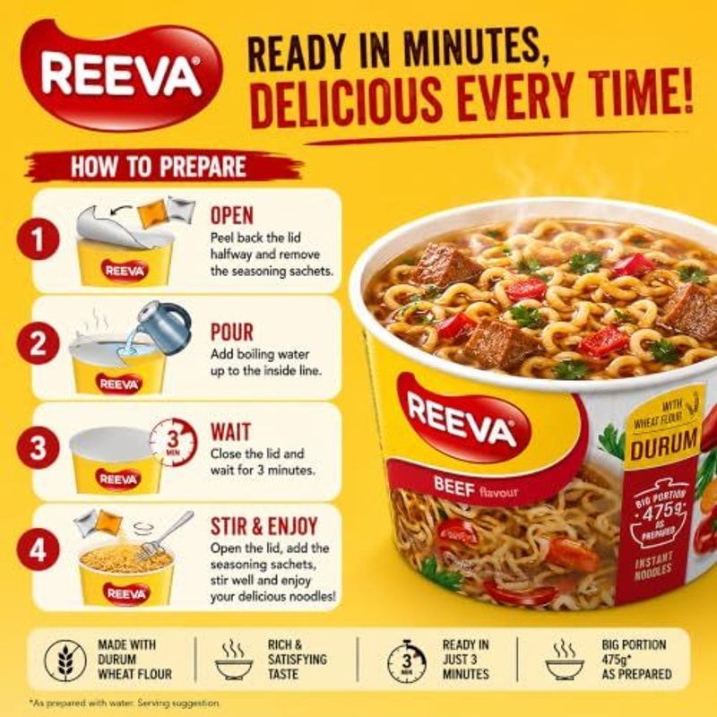 REEVA Instant Noodle Cups, 75g Each (Pack of 12)