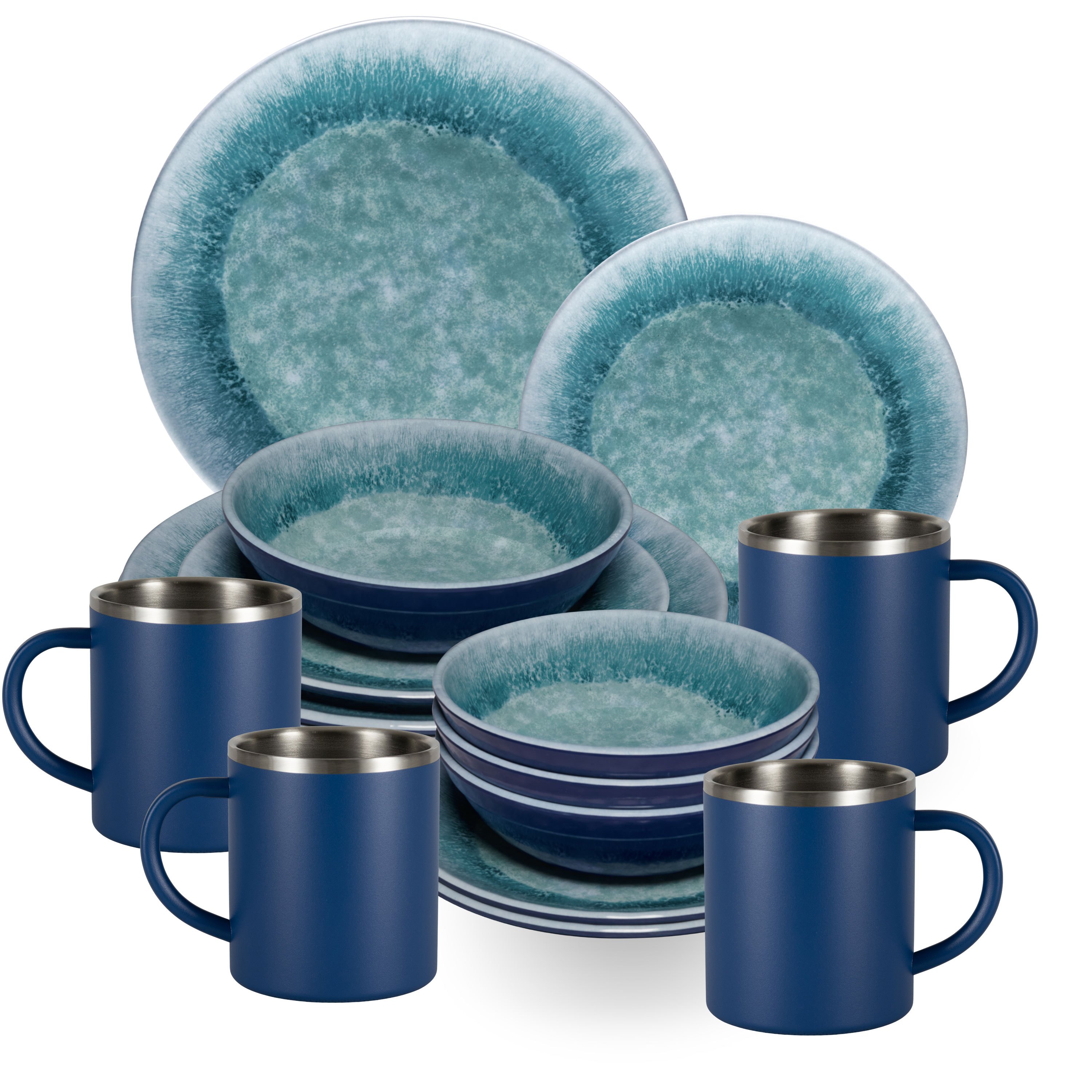 Melamine Dinnerware Set Adria Blue For - 16 Pieces Blue - With Stainless Steel Thermo Mugs, Stoneware Look Tableware, Camping Accessories, Camping Tableware, Festival, Picnic, Garden Party