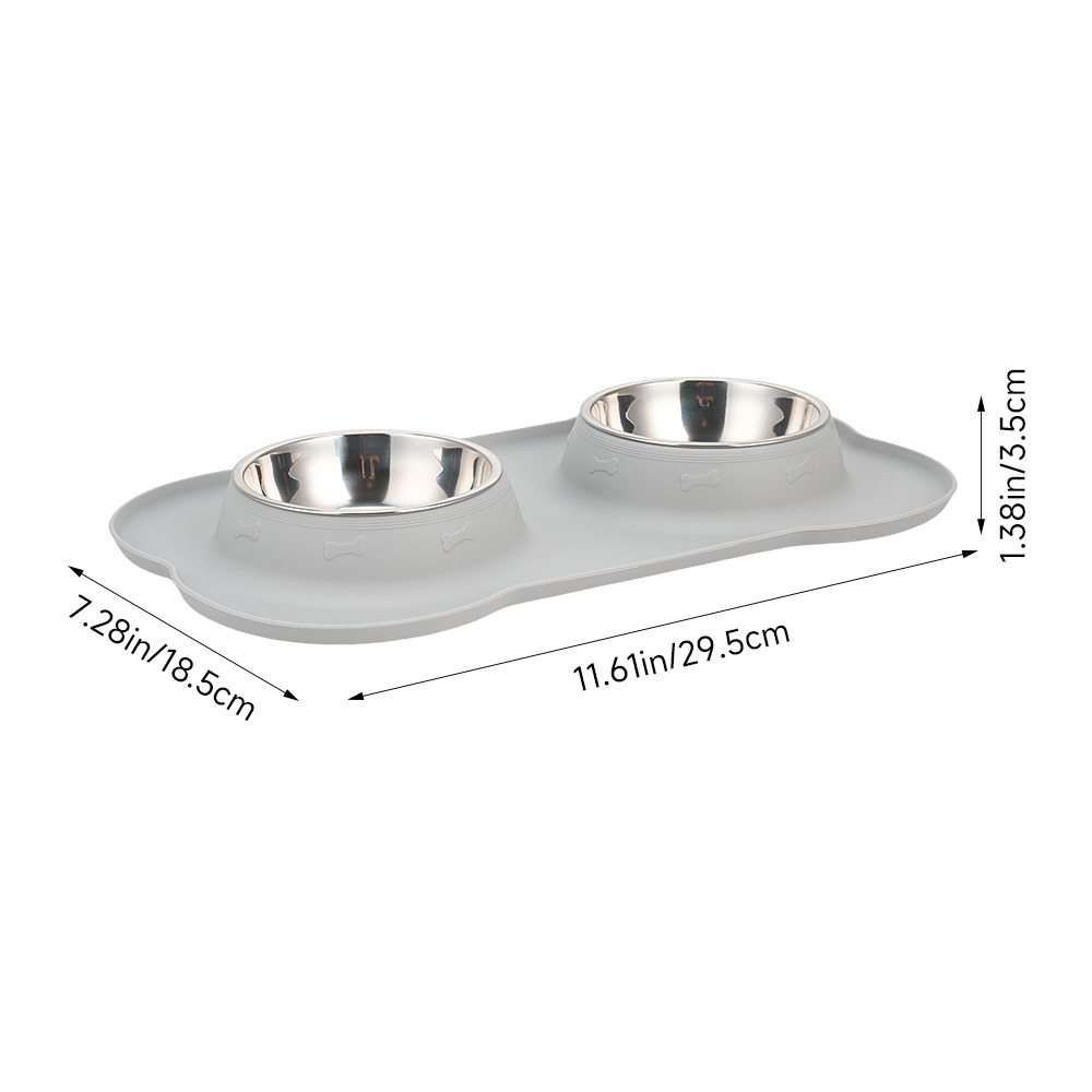 Dog Double Feeding Bowl Cat Food Bowls with Mat Tray for Dogs Cats with Non-slip Bottom Gray 18.5x29.5x3.5cm