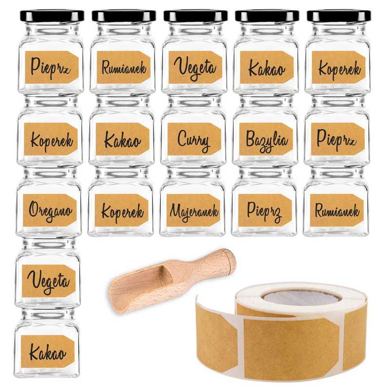 Image of 20pcs Of 120ml Spice Jars + 300 Labels In 3 Designs + Scoop - Glass Containers 120 Ml For Spices, Herbs, Salt, Pepper And Loose Products - Kitchen Spice Organizer, Spice Storage, Kitchen Accessories.