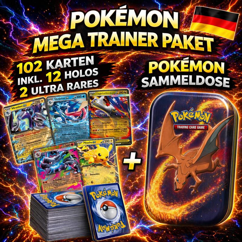 E-shop POKÉMON MEGA TRAINER PAKET - 102 KARTEN, 2 ULTRA RARE HIT - INKL POKEMON DOSE - TOP PAKET