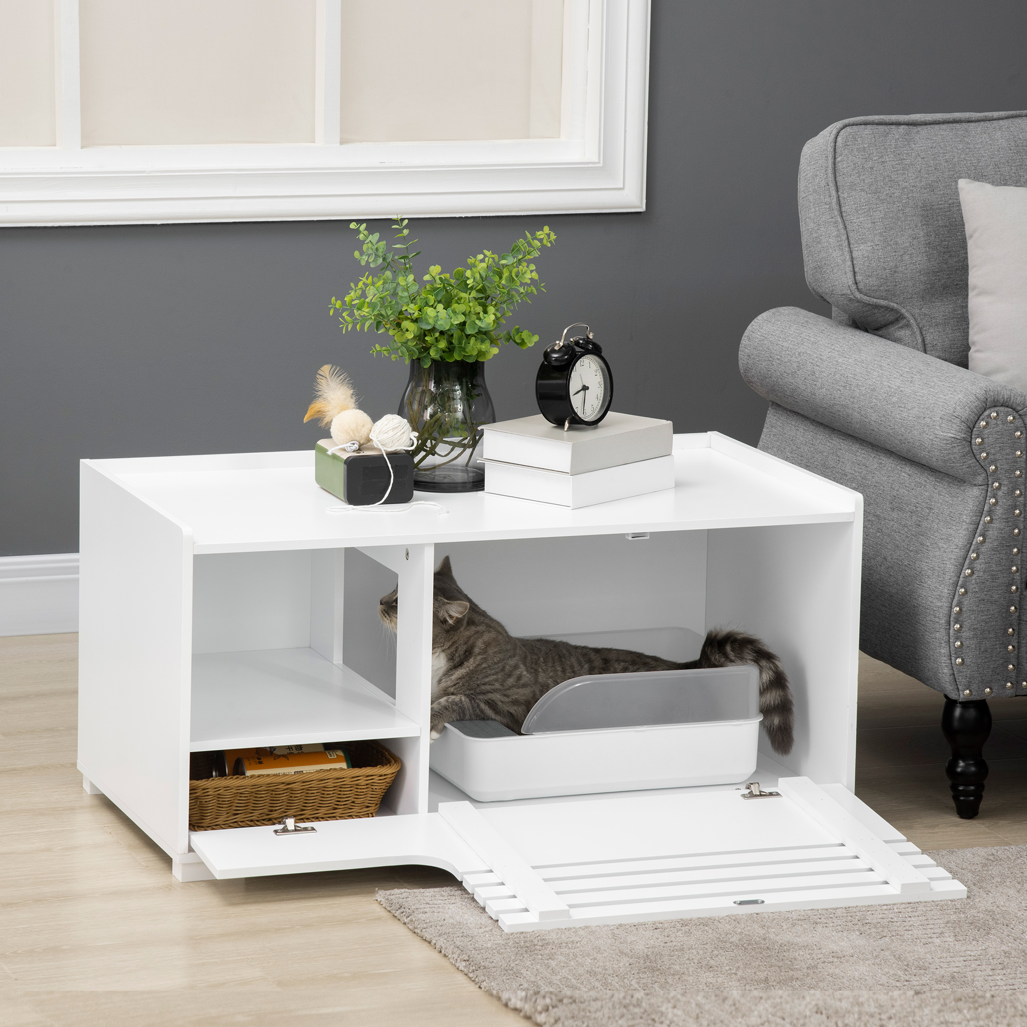 Cat Litter Cabinet, Cat House With Magnetic Door, Partition Wall, Litter Box, Cat Cabinet, Side Table, Cat Cave, 90 X 48 X 42.5 Cm, White