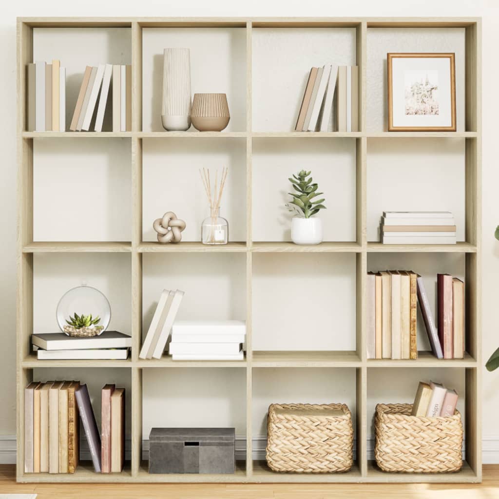 Image of Vidaxl Bookshelf, Room Divider With 16 Compartments, Wall Shelf For Living Room Office, Divider Cube Shelf, Oak Wood Material