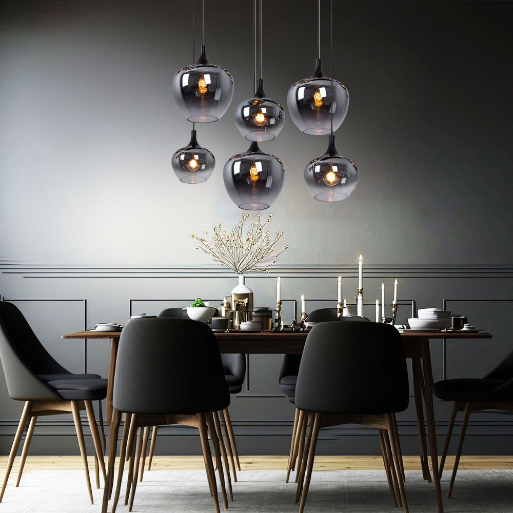Image of Pendant Lamp Hanging Light For Dining Room, Living Room, Dining Table Light With Smoke Glass Shade, Black Metal, Sockets 6x E27, Lxwxh 86x42x120 Cm