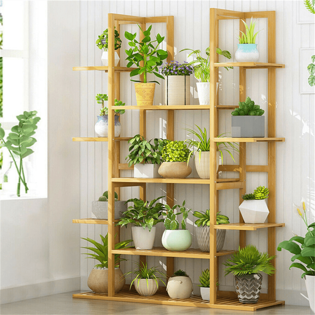 pflanzenständer für innenräume aus holz, 6-stufiges pflanzenregal für mehrere pflanzen, dreieckiger blumentopfhalter in für fensterbank, terrasse, balkon, garten, wohnzimmer - terrasse, rasen & garten