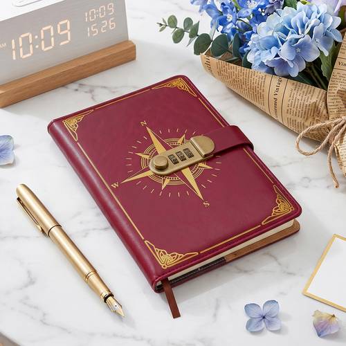 a5 leather travel journal with combination lock 200 pages lined vintage compass diary pen holder card slots durable notebook for 8 35 x5 8